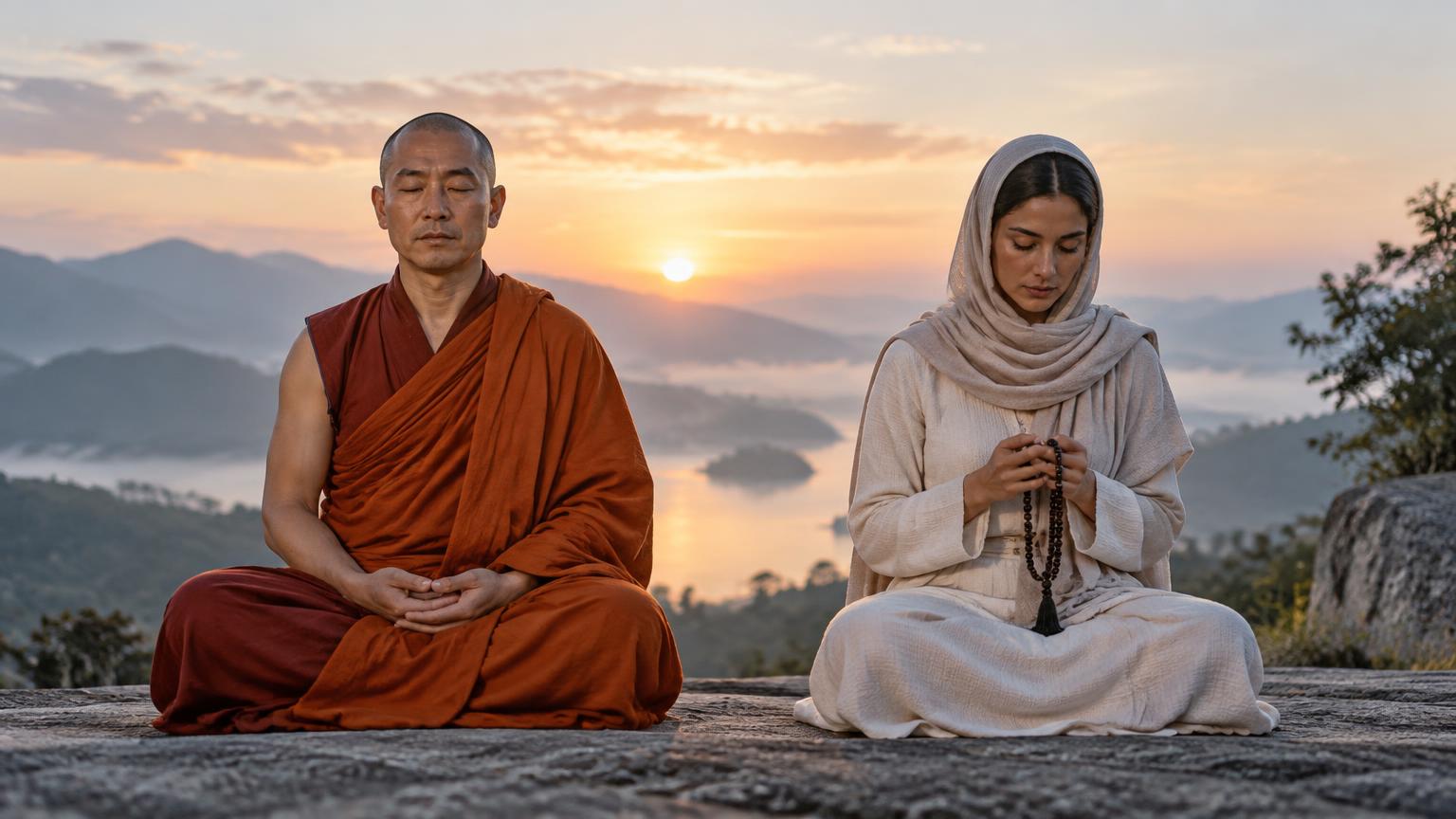Two people from different spiritual traditions reflecting together at sunrise