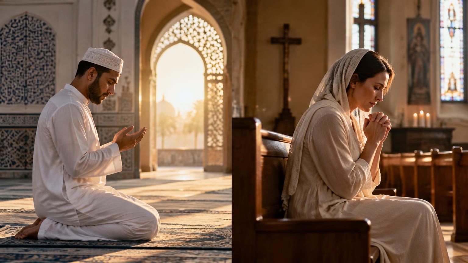 A Muslim devotee and Christian devotee in peaceful prayer